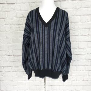 Vintage Collectif Sweater Wool Blend V Neck Striped Blue Gray Black Fits a L